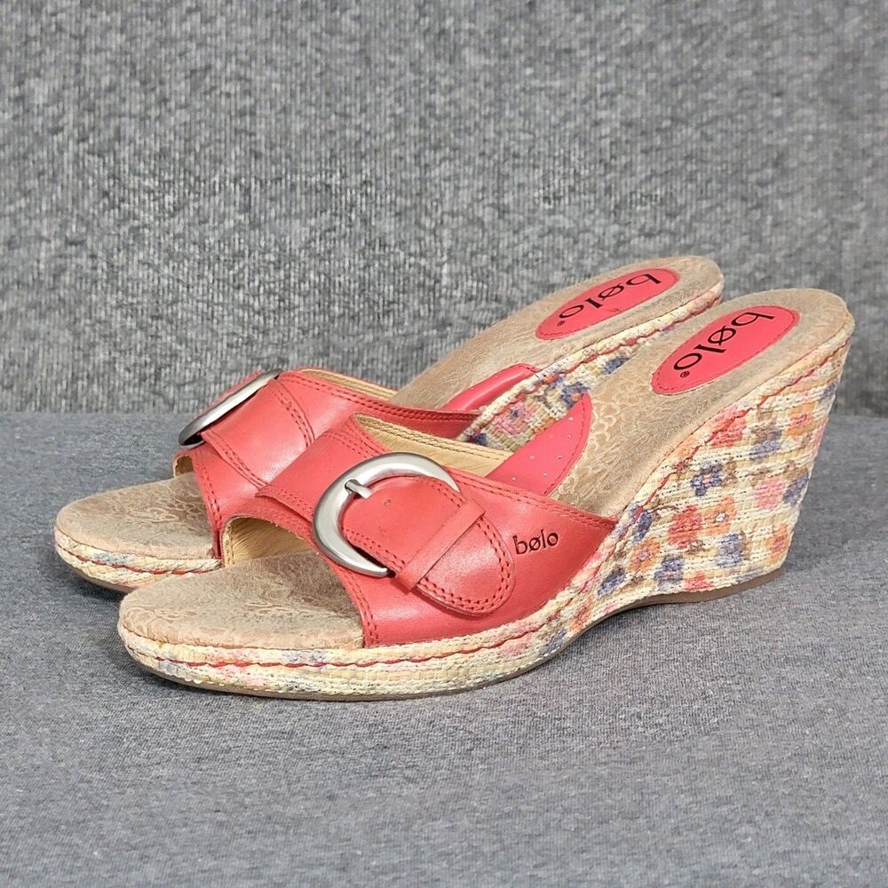 Bolo Wedge Sandals Womens 10 Salmon Pink Leather Strap Buckle Floral Espadrille